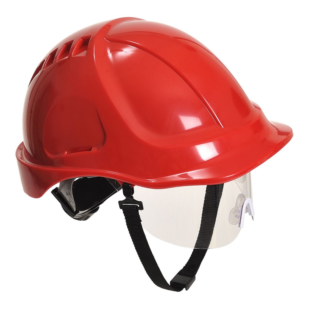 A red safety helmet with an adjustable suspension harness and ventilation slots, providing impact protection on construction sites.