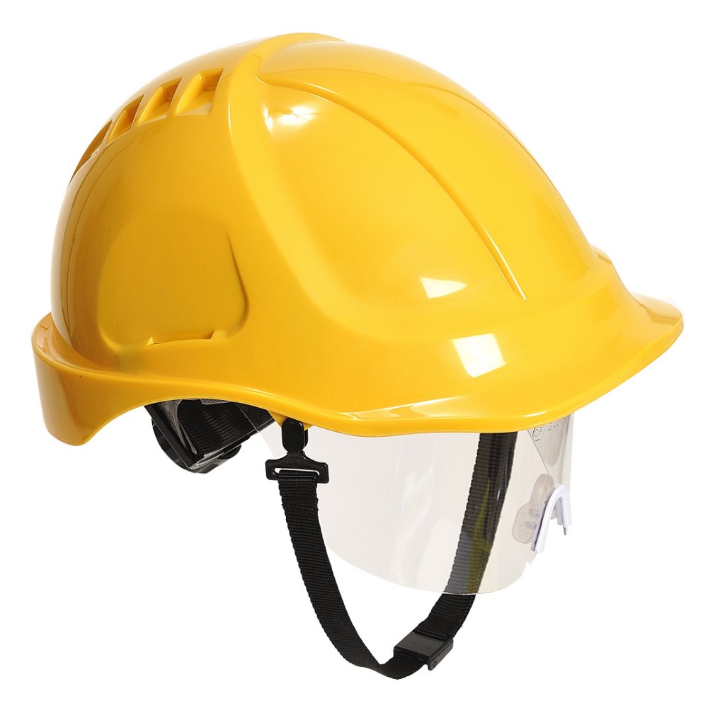 A yellow safety helmet with an adjustable suspension harness and ventilation slots, providing impact protection on construction sites.
