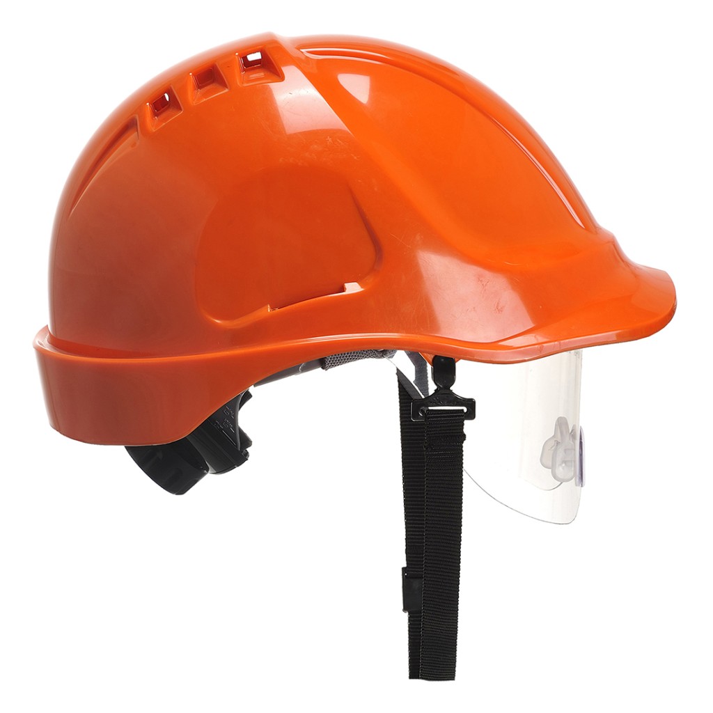 A orange safety helmet with an adjustable suspension harness and ventilation slots, providing impact protection on construction sites.