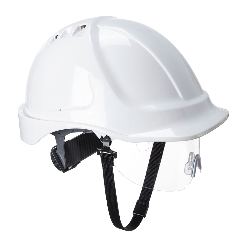 A white safety helmet with an adjustable suspension harness and ventilation slots, providing impact protection on construction sites.