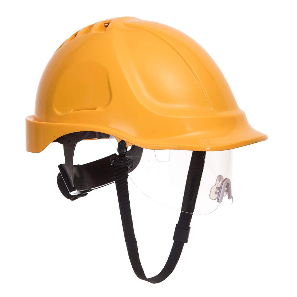 A yellow safety helmet with an adjustable suspension harness and ventilation slots, providing impact protection on construction sites.