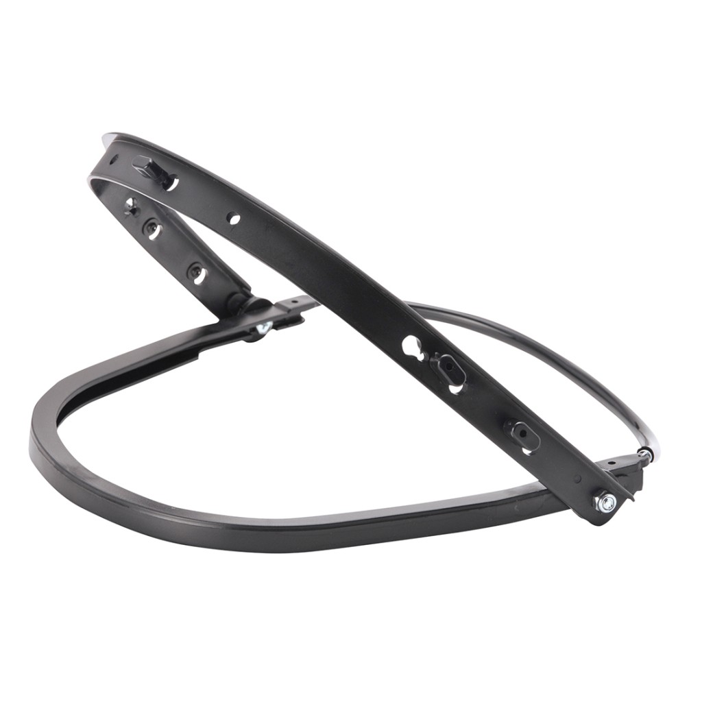 A safety helmet with an adjustable suspension harness and ventilation slots, providing impact protection on construction sites.