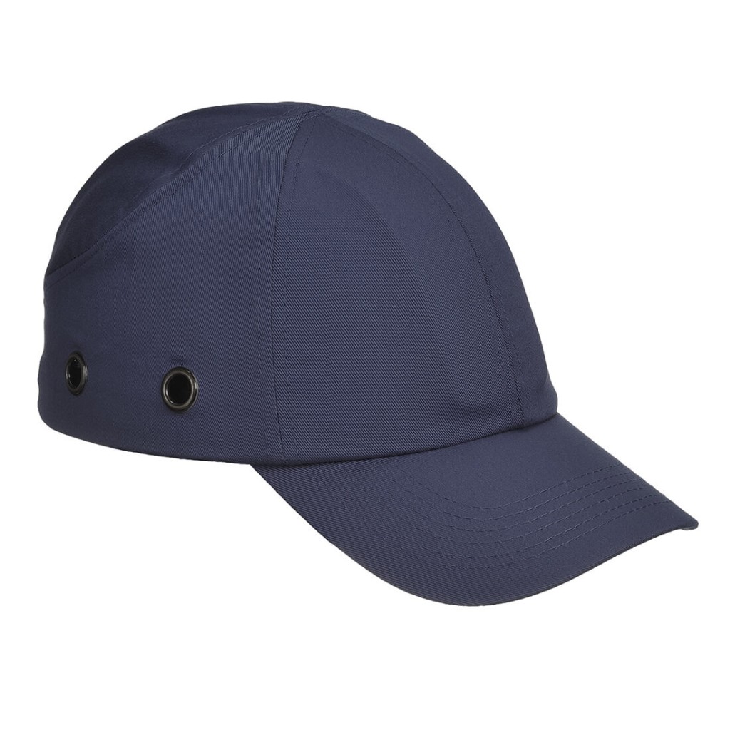 A navy blue bump cap with a lightweight internal protective shell, designed to protect against minor head bumps and scrapes.