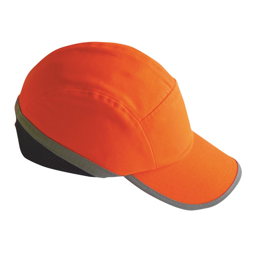 A orange bump cap with a lightweight internal protective shell, designed to protect against minor head bumps and scrapes.