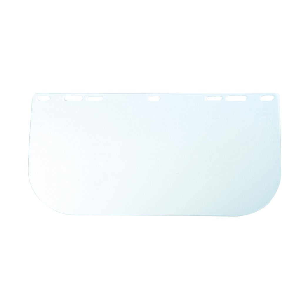 A protective face visor with a clear scratch-resistant polycarbonate shield and adjustable headband, offering full-face protection during grinding or chemical handling.
