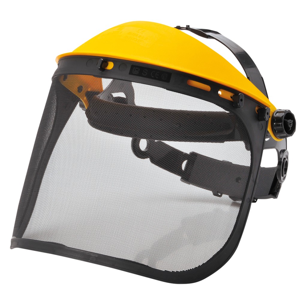 A protective face visor with a clear scratch-resistant polycarbonate shield and adjustable headband, offering full-face protection during grinding or chemical handling.