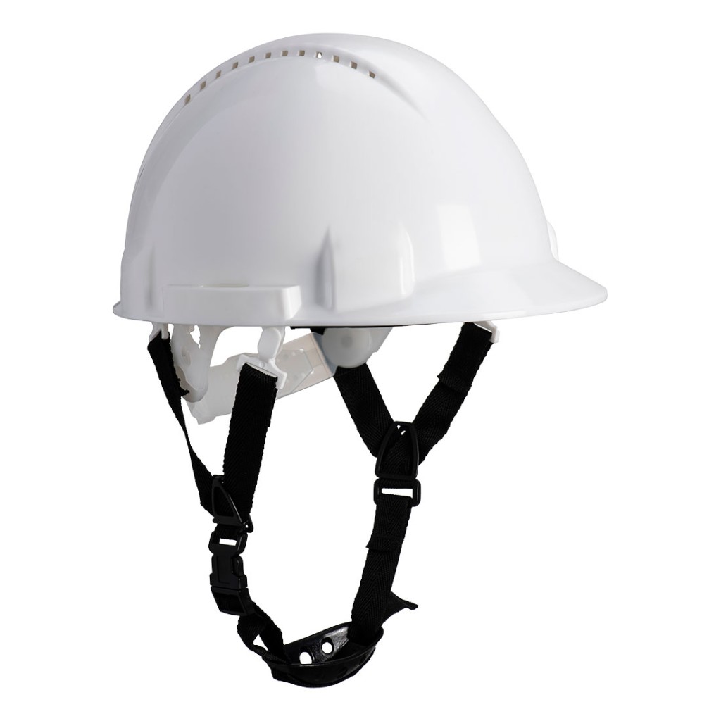 A white safety helmet with an adjustable suspension harness and ventilation slots, providing impact protection on construction sites.