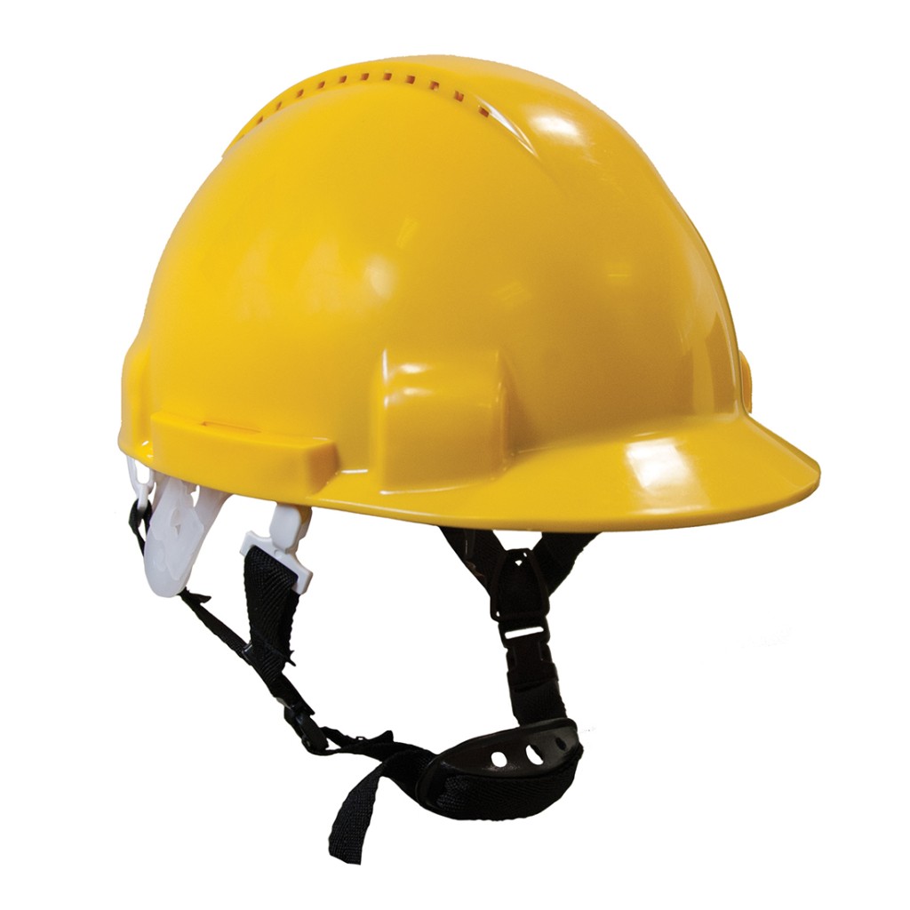 A yellow safety helmet with an adjustable suspension harness and ventilation slots, providing impact protection on construction sites.