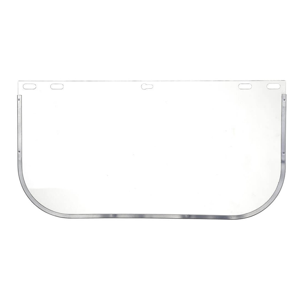 A protective face visor with a clear scratch-resistant polycarbonate shield and adjustable headband, offering full-face protection during grinding or chemical handling.