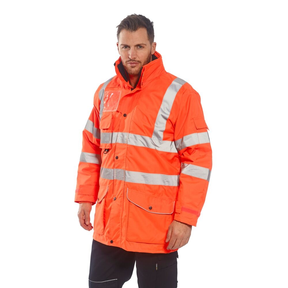 A high-visibility orange waterproof jacket featuring retroreflective tape panels, a breathable membrane, suitable for a wide range of outdoor and site work applications.