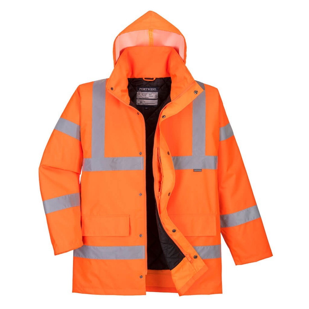 A high-visibility orange jacket featuring retroreflective tape panels, suitable for a wide range of outdoor and site work applications.