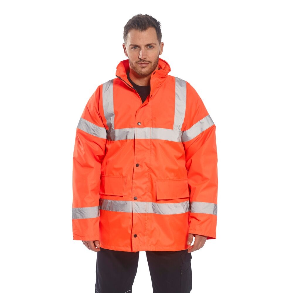 A high-visibility orange jacket featuring retroreflective tape panels, suitable for a wide range of outdoor and site work applications.