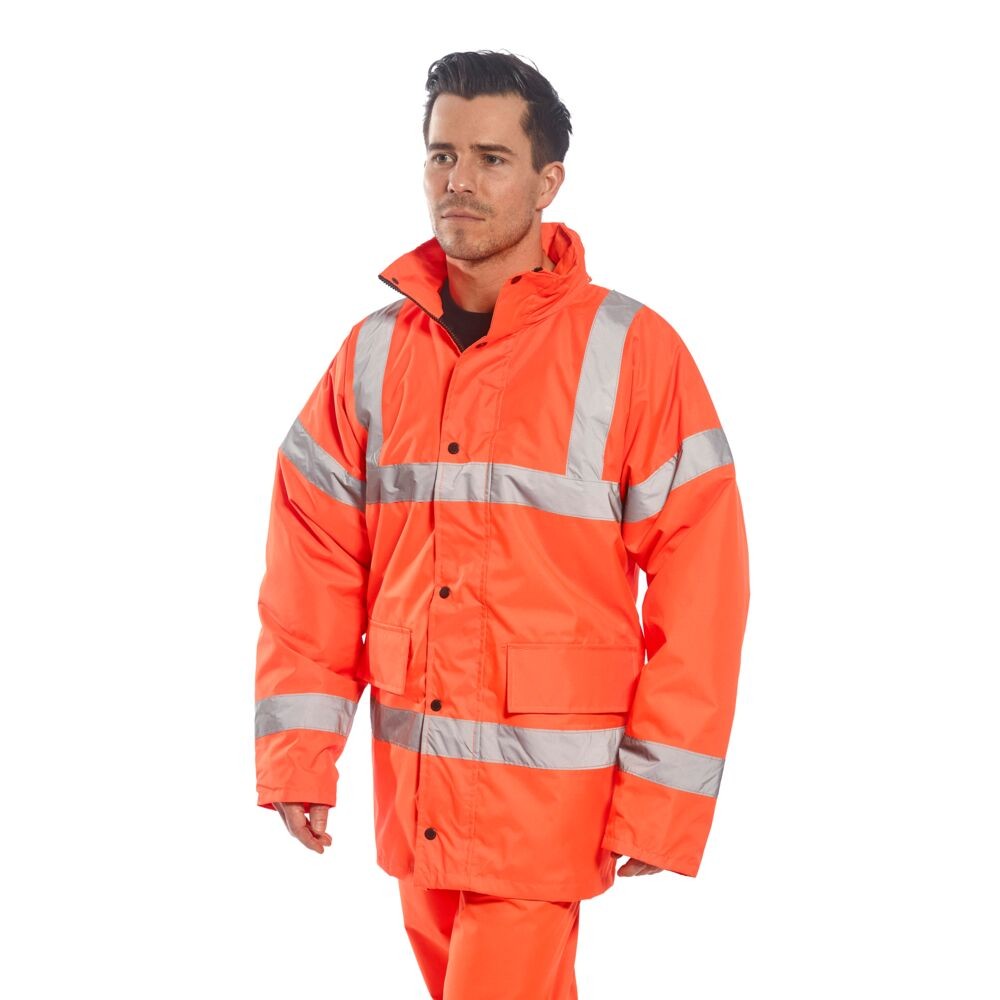 A high-visibility orange jacket featuring retroreflective tape panels, suitable for a wide range of outdoor and site work applications.
