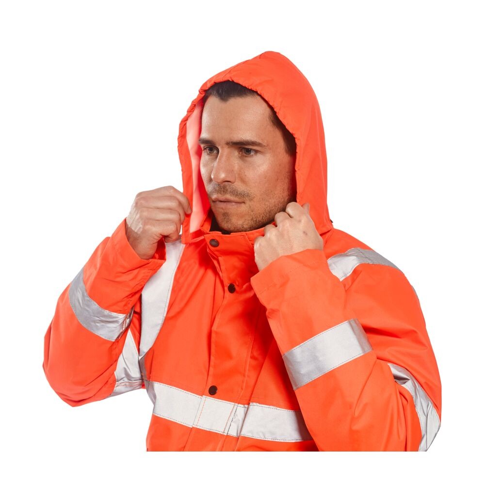 A high-visibility orange jacket featuring retroreflective tape panels, suitable for a wide range of outdoor and site work applications.