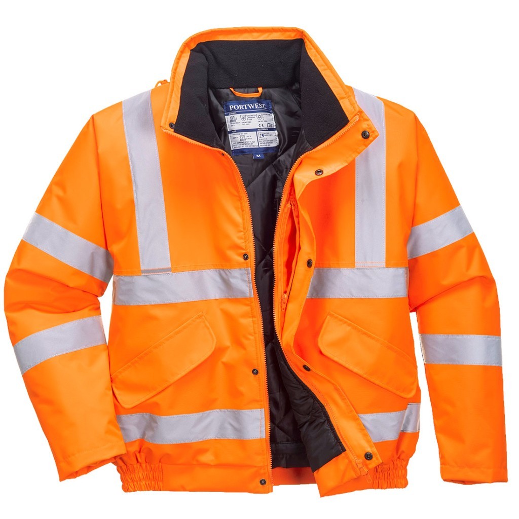 A high-visibility orange jacket featuring retroreflective tape panels, suitable for a wide range of outdoor and site work applications.