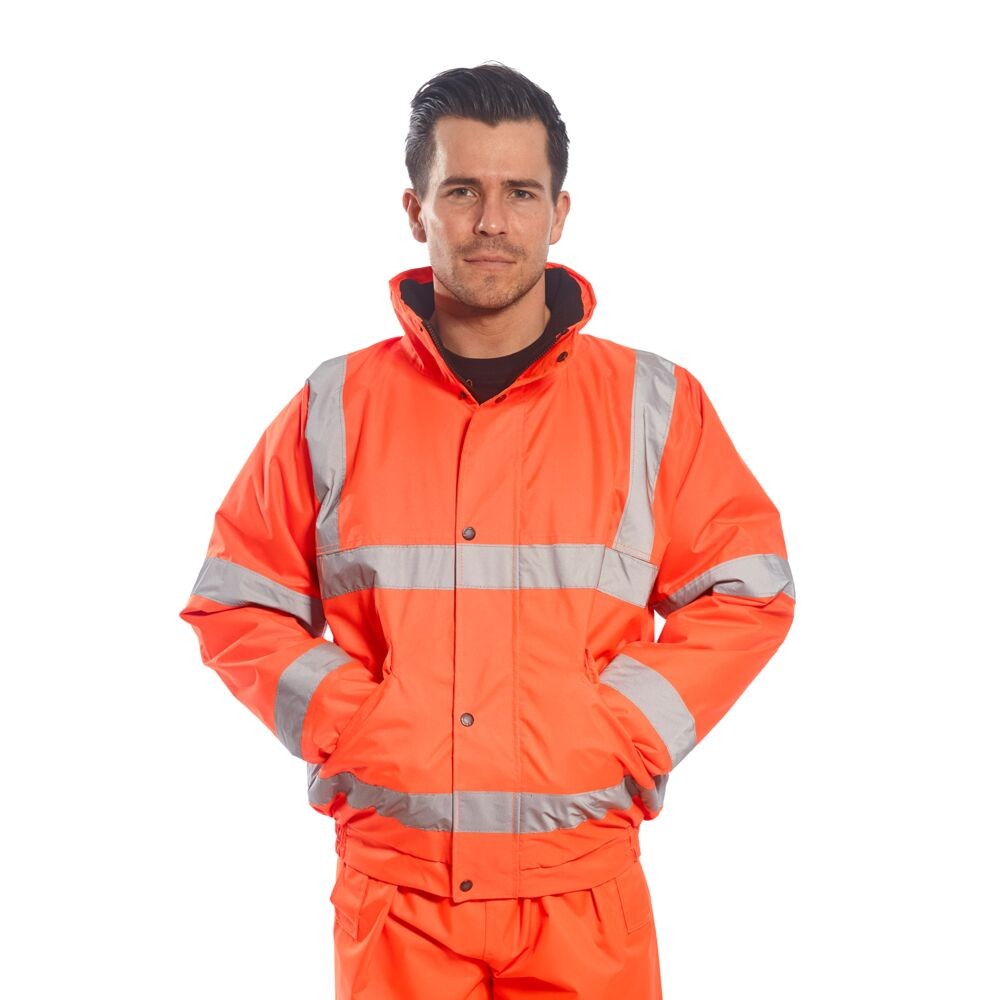 A high-visibility orange jacket featuring retroreflective tape panels, suitable for a wide range of outdoor and site work applications.