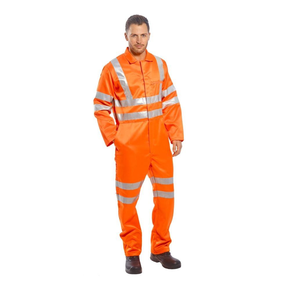 A high-visibility orange coverall featuring retroreflective tape panels, suitable for a wide range of outdoor and site work applications.