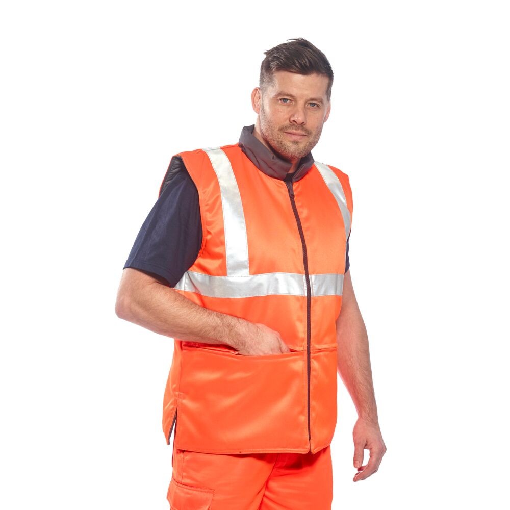 A high-visibility orange workwear garment featuring retroreflective tape panels, suitable for a wide range of outdoor and site work applications.