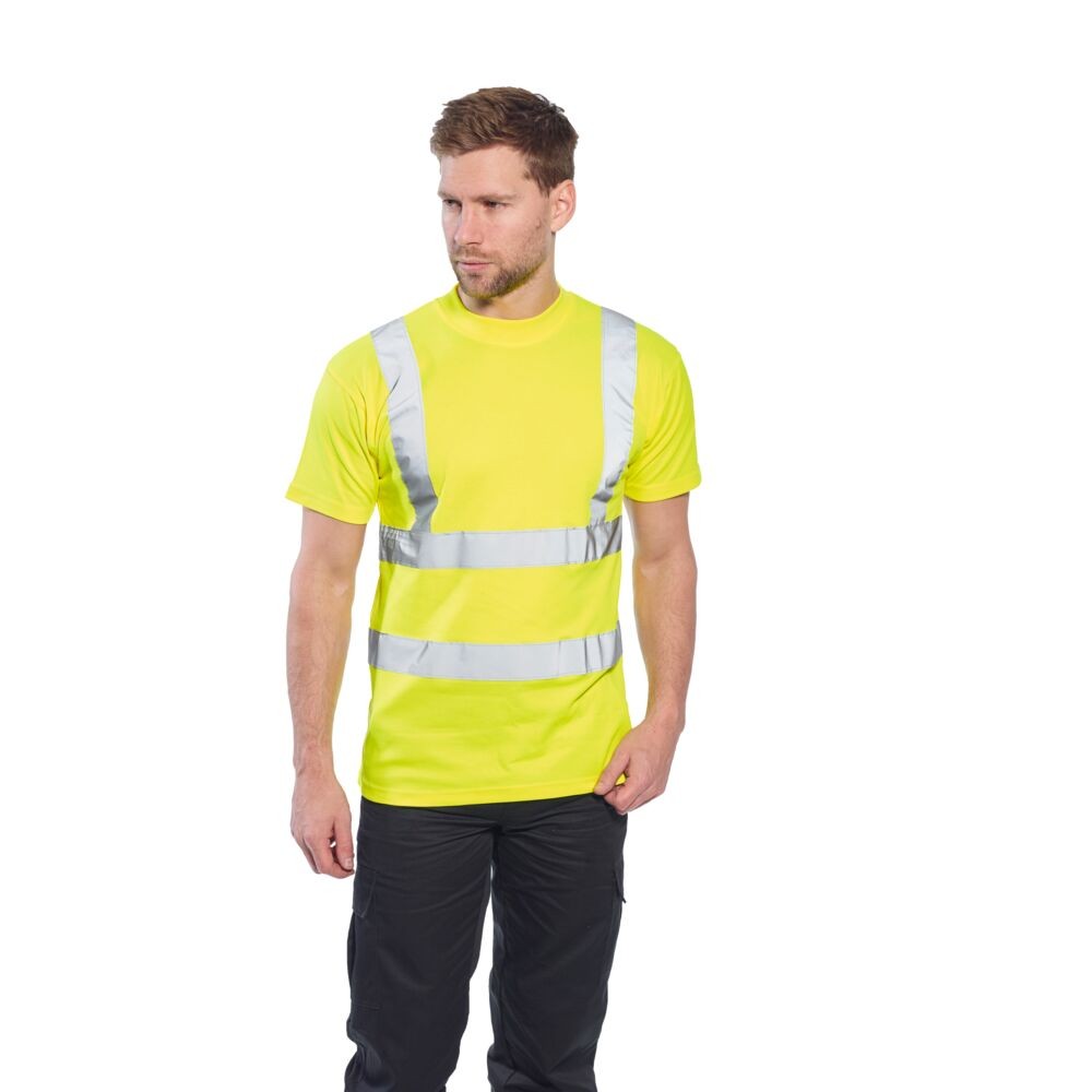 A high-visibility yellow work shirt featuring retroreflective tape panels, suitable for a wide range of outdoor and site work applications.
