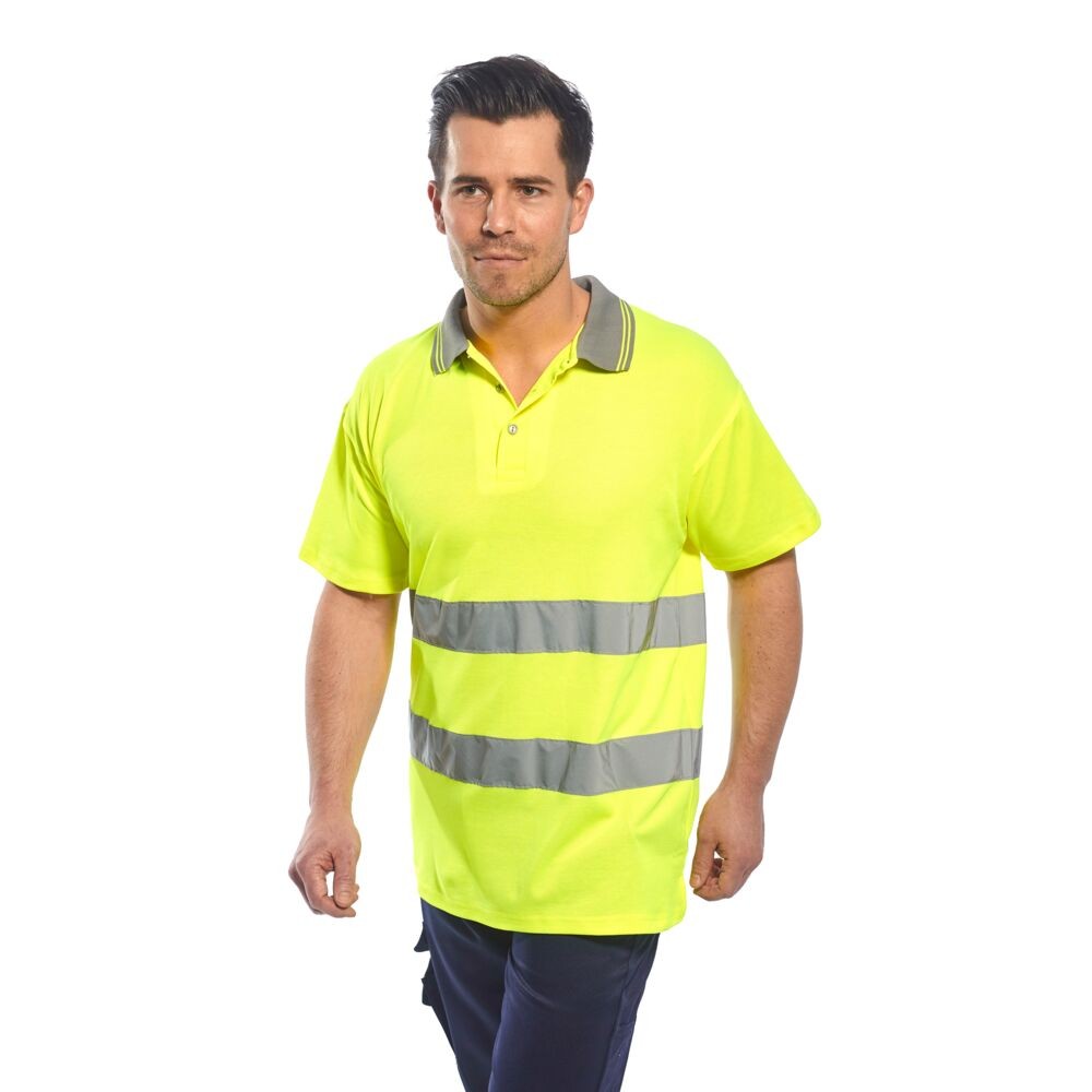 A high-visibility yellow polo shirt featuring retroreflective tape panels, suitable for a wide range of outdoor and site work applications.