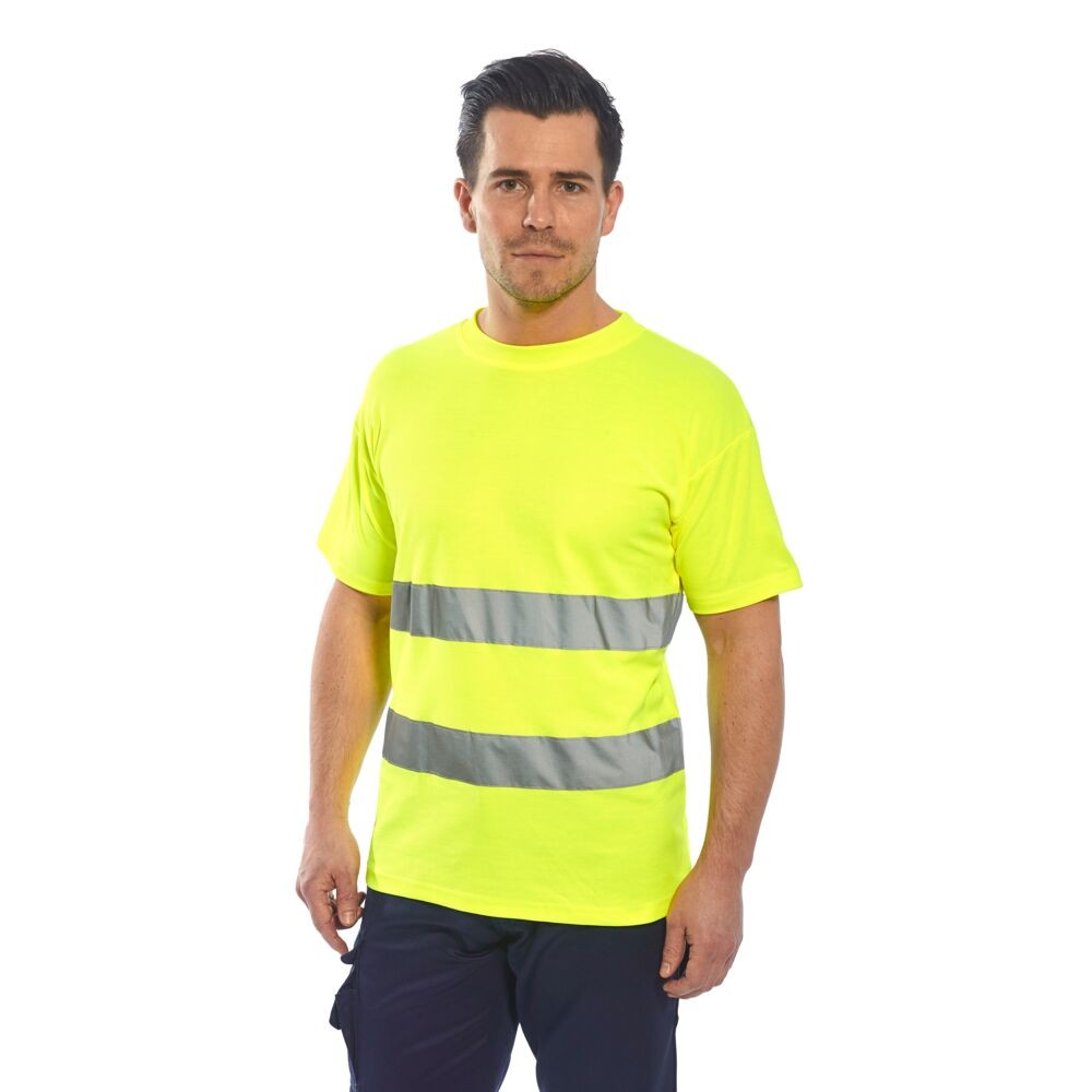 A high-visibility yellow work shirt featuring retroreflective tape panels, suitable for a wide range of outdoor and site work applications.