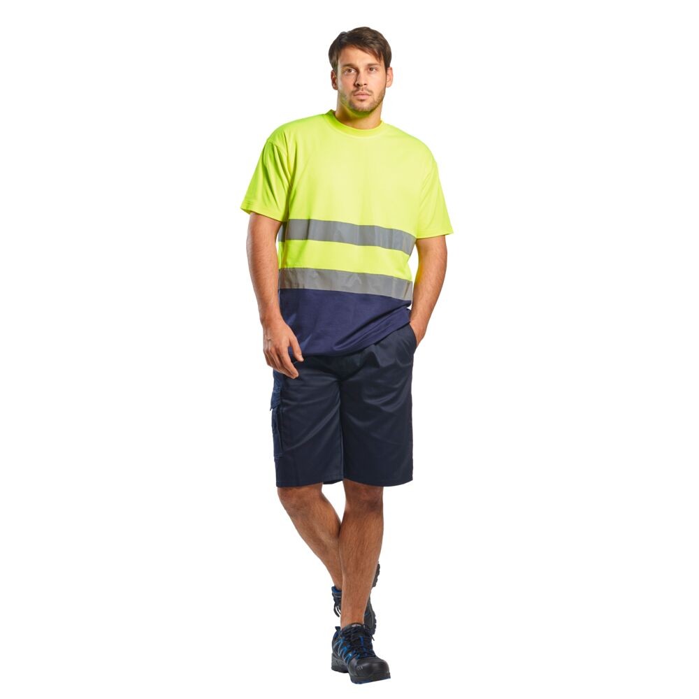 A high-visibility yellow work shirt featuring retroreflective tape panels, suitable for a wide range of outdoor and site work applications.