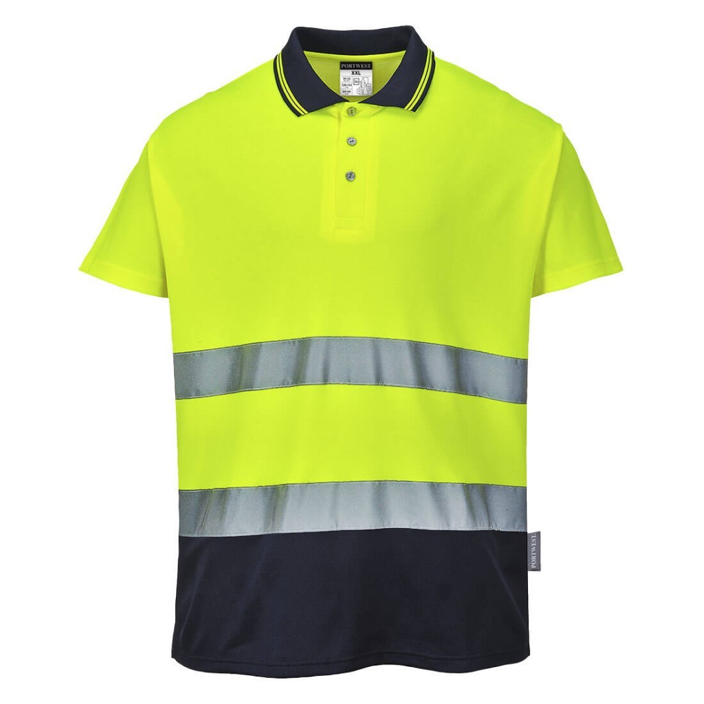 A high-visibility yellow polo shirt featuring retroreflective tape panels, suitable for a wide range of outdoor and site work applications.