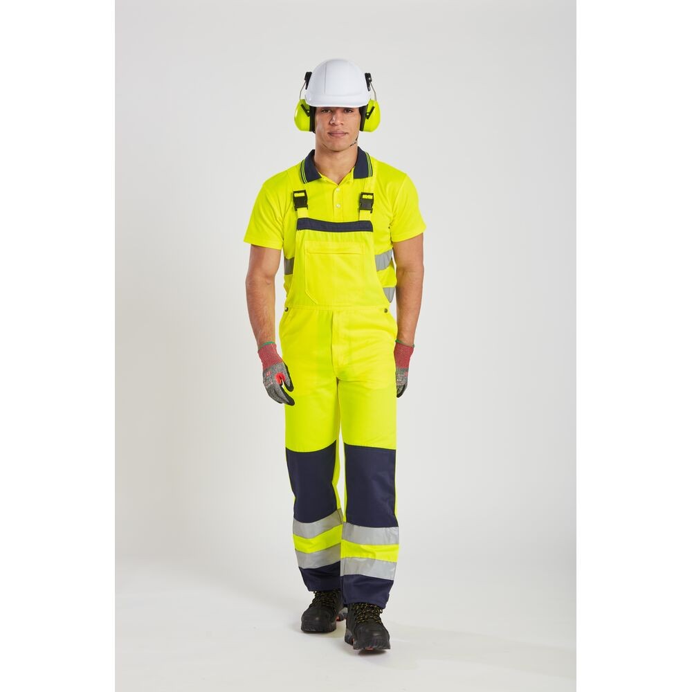 A high-visibility yellow polo shirt featuring retroreflective tape panels, suitable for a wide range of outdoor and site work applications.