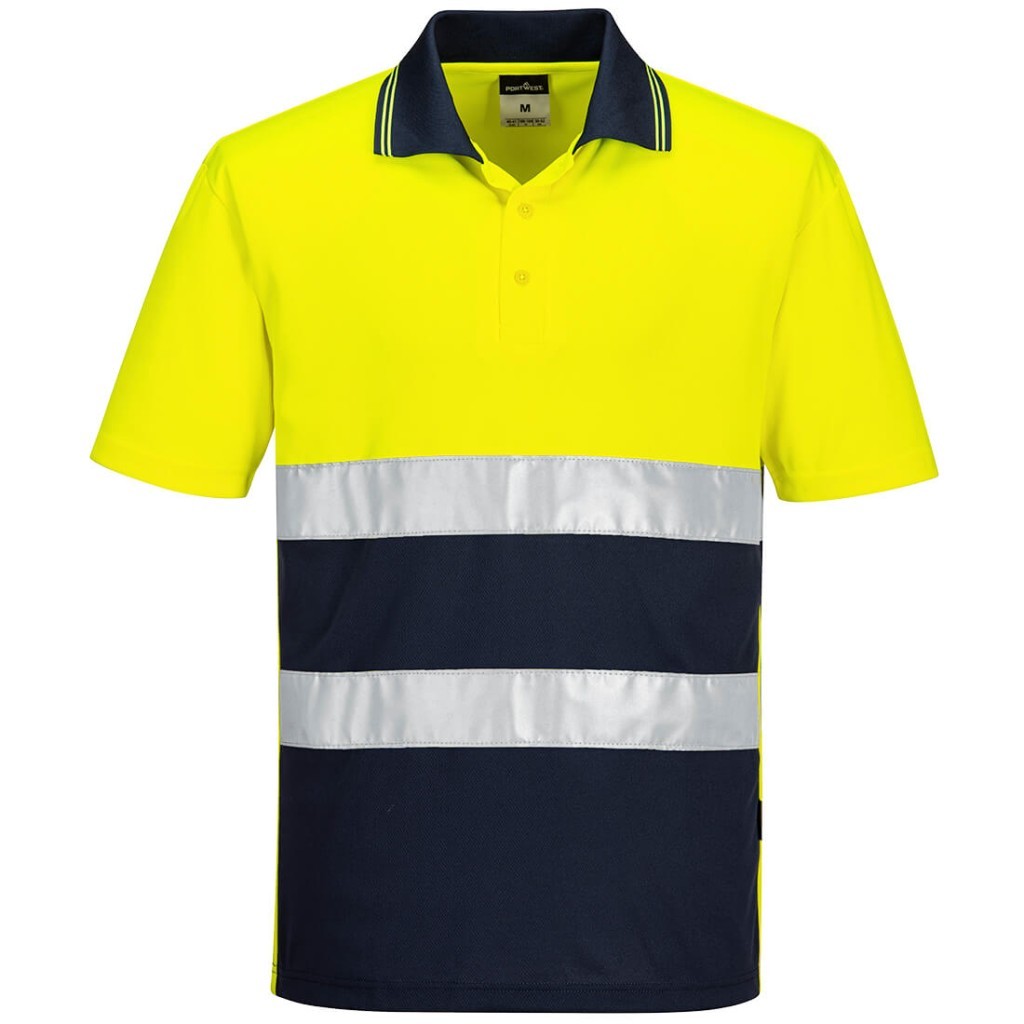 A high-visibility yellow polo shirt featuring retroreflective tape panels, suitable for a wide range of outdoor and site work applications.