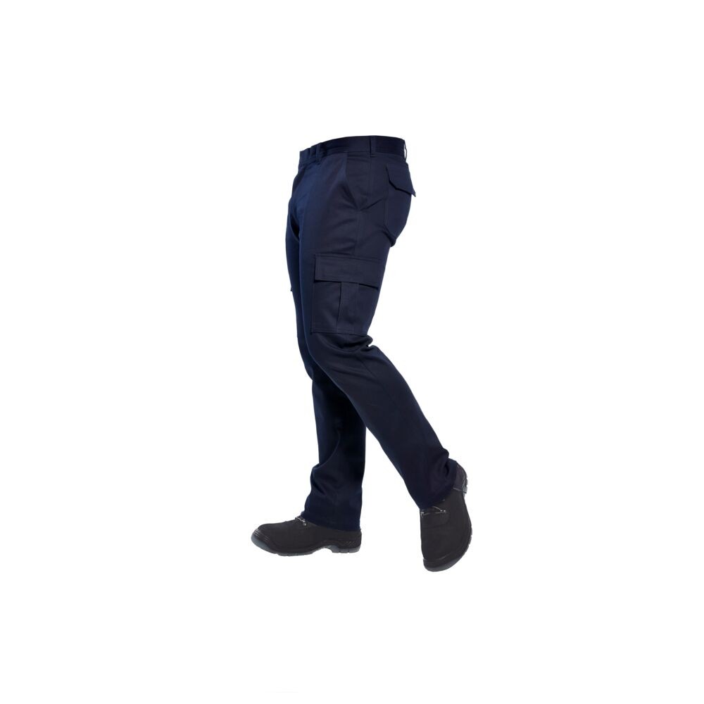A pair of navy blue work trousers featuring stretch panels for ease of movement, suitable for a wide range of outdoor and site work applications.