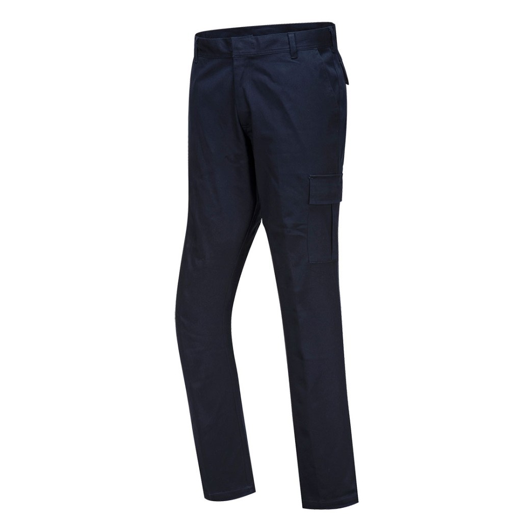 A pair of navy blue work trousers featuring stretch panels for ease of movement, suitable for a wide range of outdoor and site work applications.
