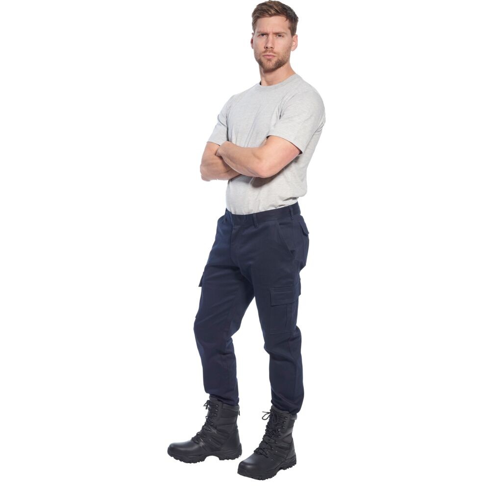 A pair of navy blue work trousers featuring stretch panels for ease of movement, suitable for a wide range of outdoor and site work applications.