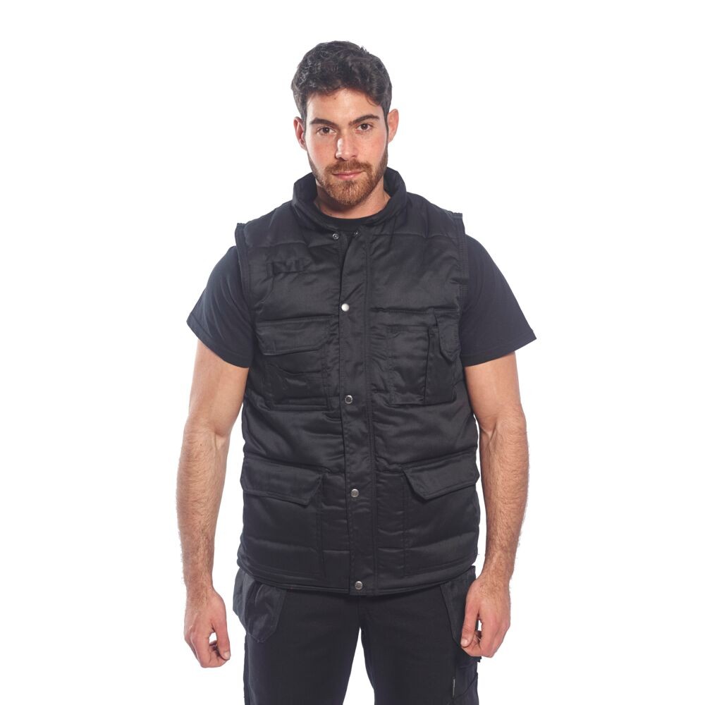 A black workwear garment designed for use on construction sites and in industrial work environments.,