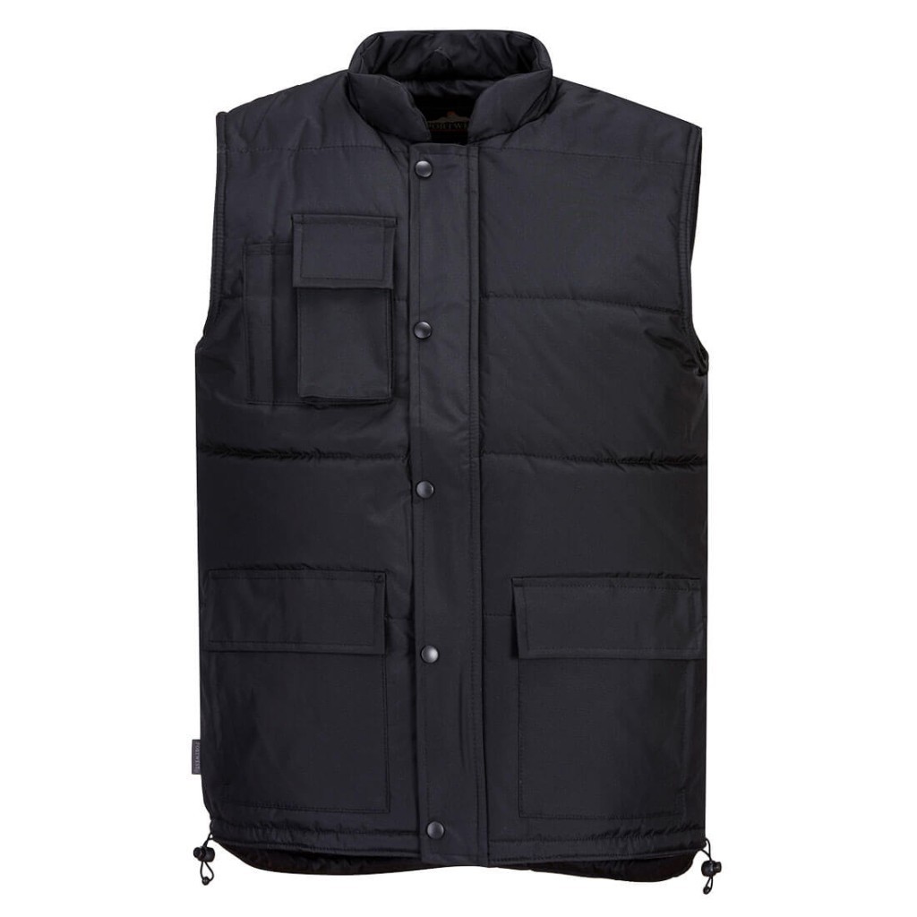 A black workwear garment designed for use on construction sites and in industrial work environments.,