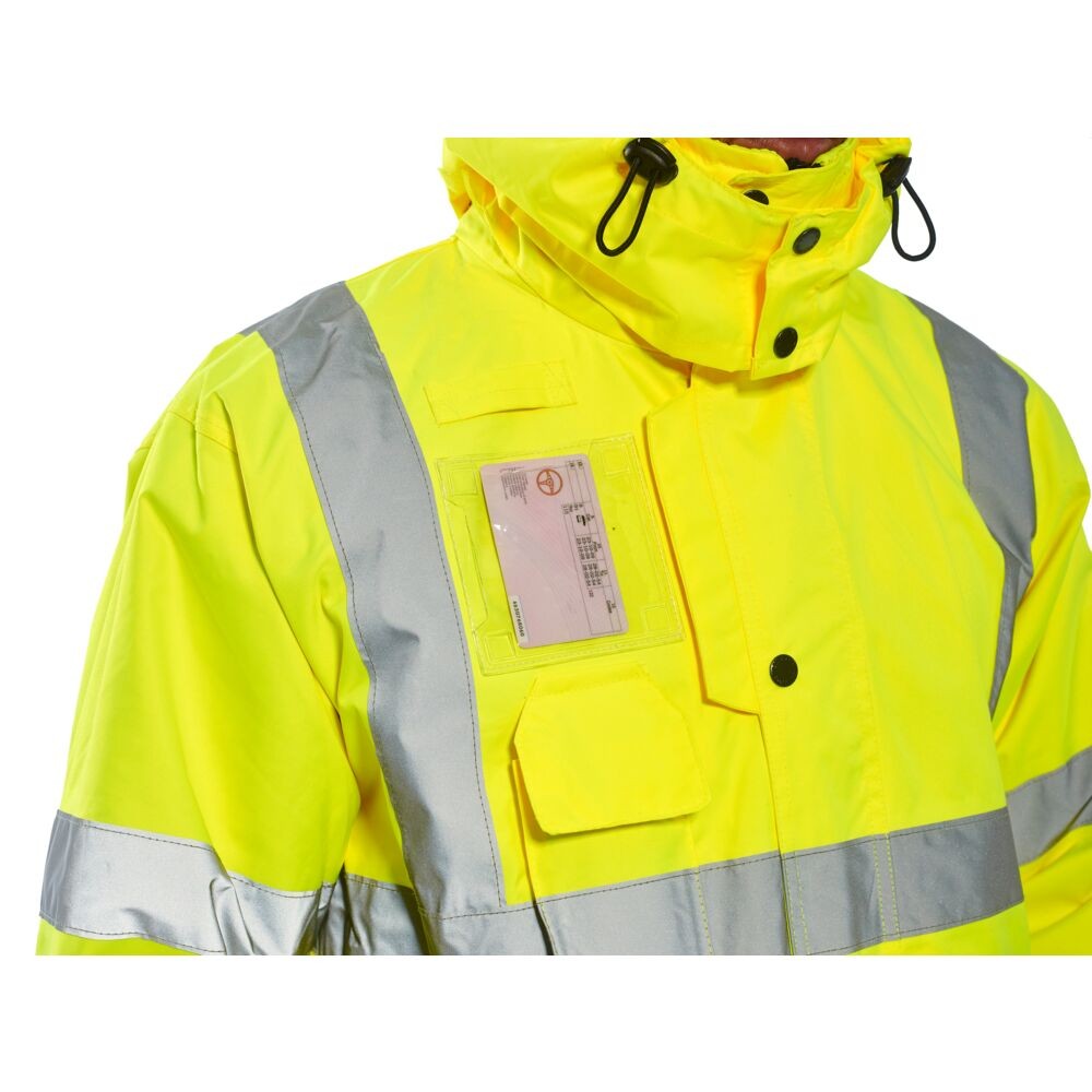 A high-visibility yellow waterproof jacket featuring retroreflective tape panels, a breathable membrane, suitable for a wide range of outdoor and site work applications.
