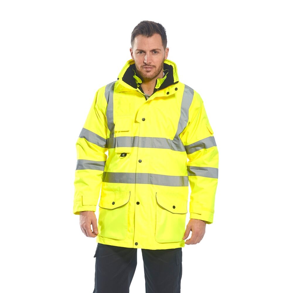 A high-visibility yellow waterproof jacket featuring retroreflective tape panels, a breathable membrane, suitable for a wide range of outdoor and site work applications.