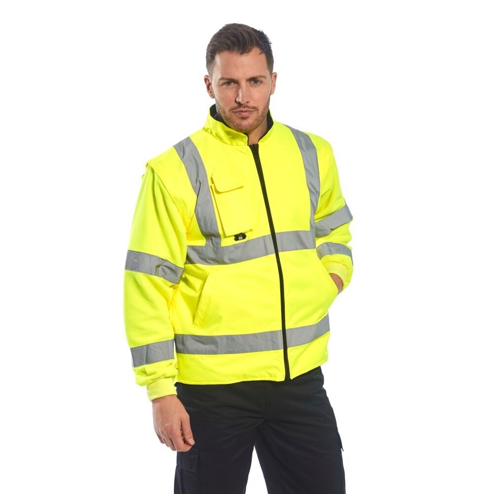A high-visibility yellow waterproof jacket featuring retroreflective tape panels, a breathable membrane, suitable for a wide range of outdoor and site work applications.