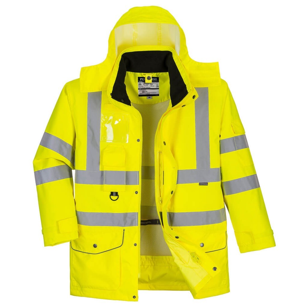A high-visibility yellow waterproof jacket featuring retroreflective tape panels, a breathable membrane, suitable for a wide range of outdoor and site work applications.