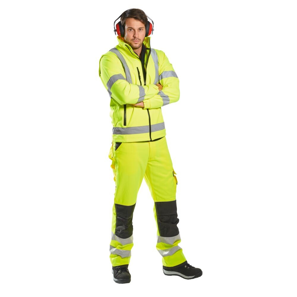 A high-visibility yellow softshell jacket featuring retroreflective tape panels, suitable for a wide range of outdoor and site work applications.