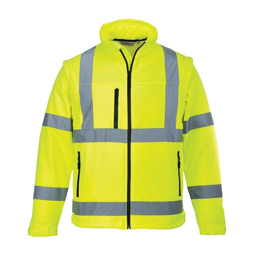 A high-visibility yellow softshell jacket featuring retroreflective tape panels, suitable for a wide range of outdoor and site work applications.