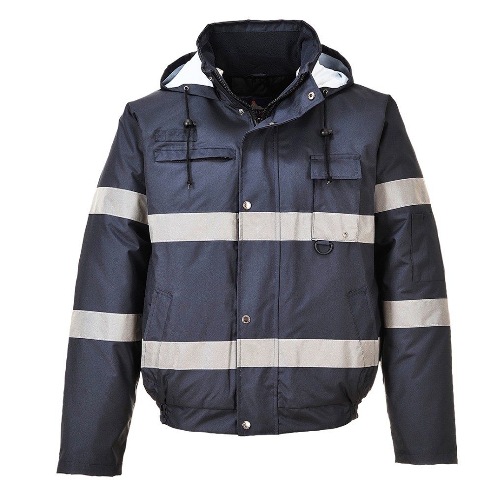 A navy blue jacket designed for use on construction sites and in industrial work environments.,