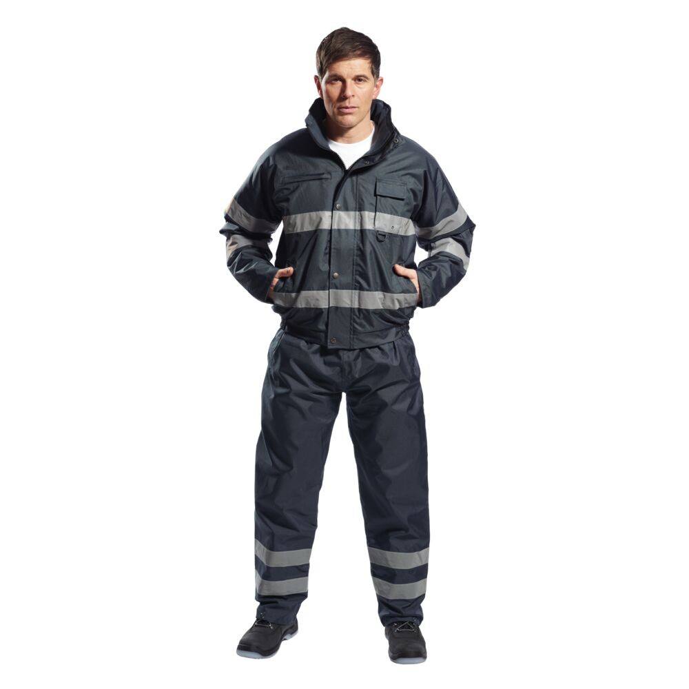 A navy blue jacket designed for use on construction sites and in industrial work environments.,