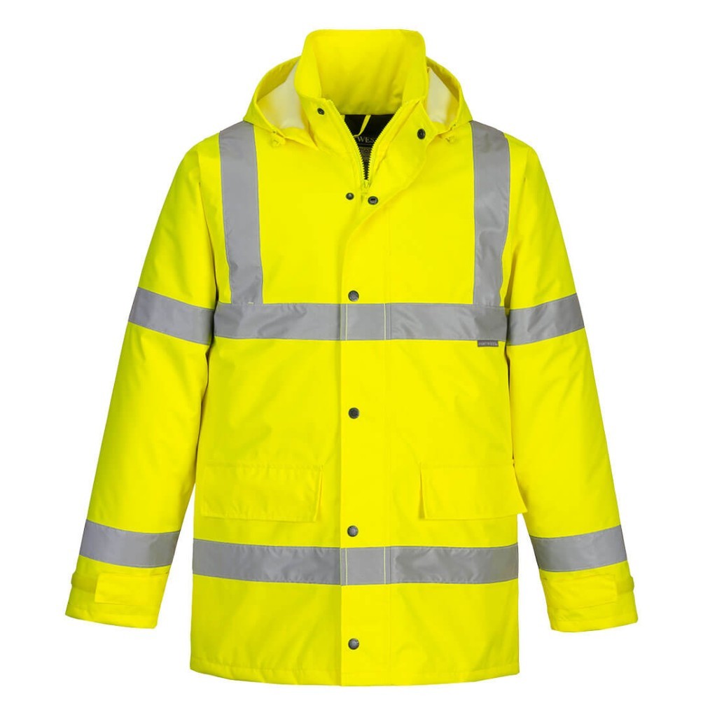 A high-visibility yellow jacket featuring retroreflective tape panels, suitable for a wide range of outdoor and site work applications.