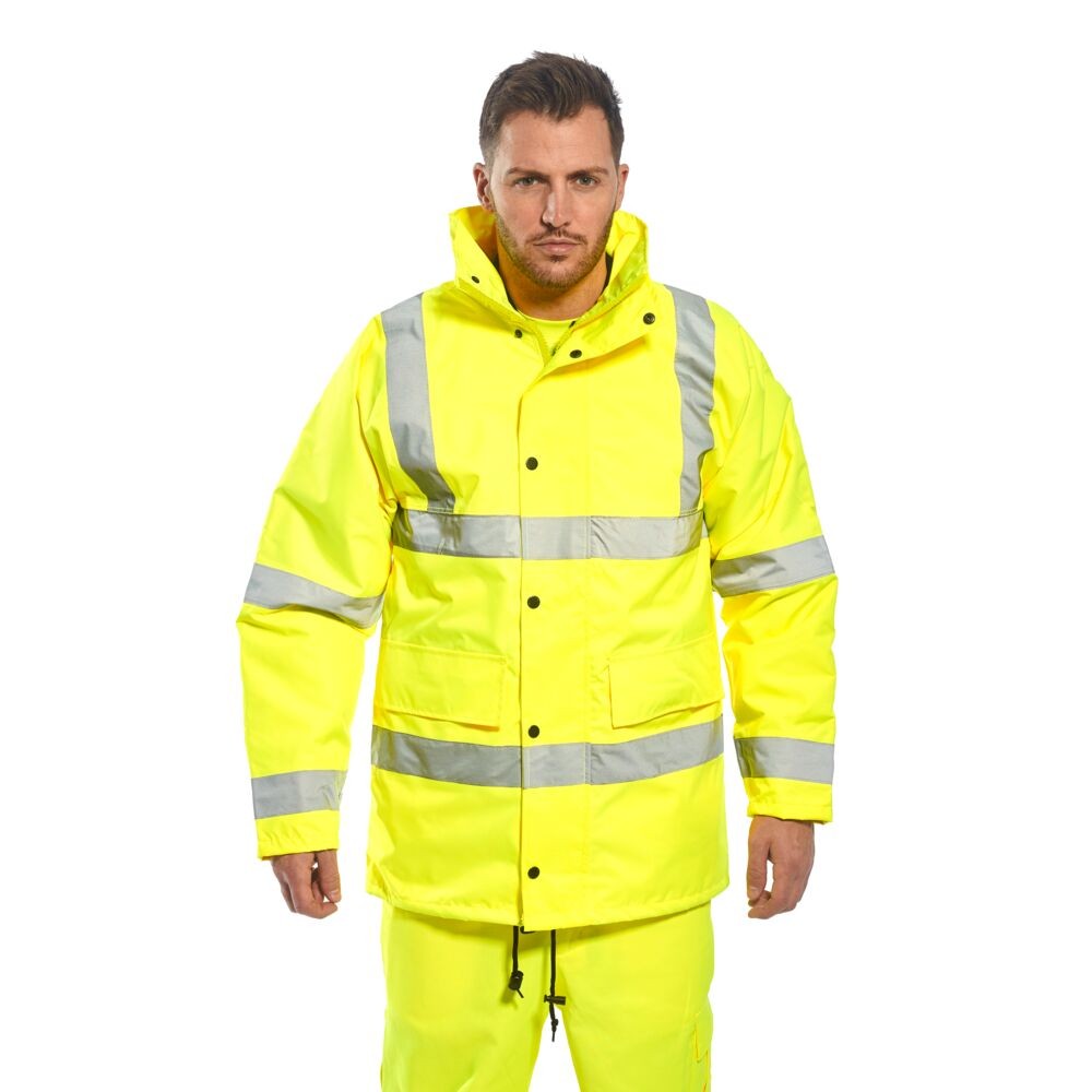 A high-visibility yellow jacket featuring retroreflective tape panels, suitable for a wide range of outdoor and site work applications.