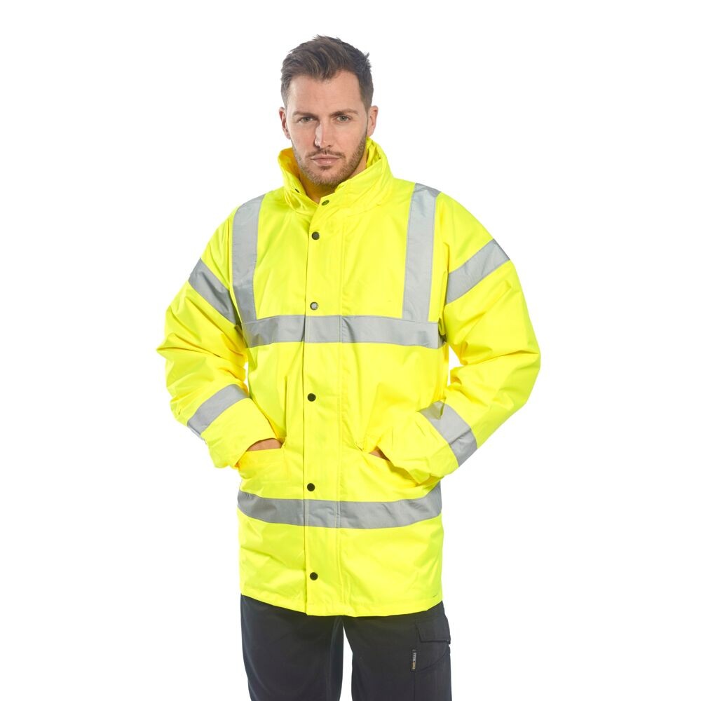 A high-visibility yellow jacket featuring retroreflective tape panels, suitable for a wide range of outdoor and site work applications.