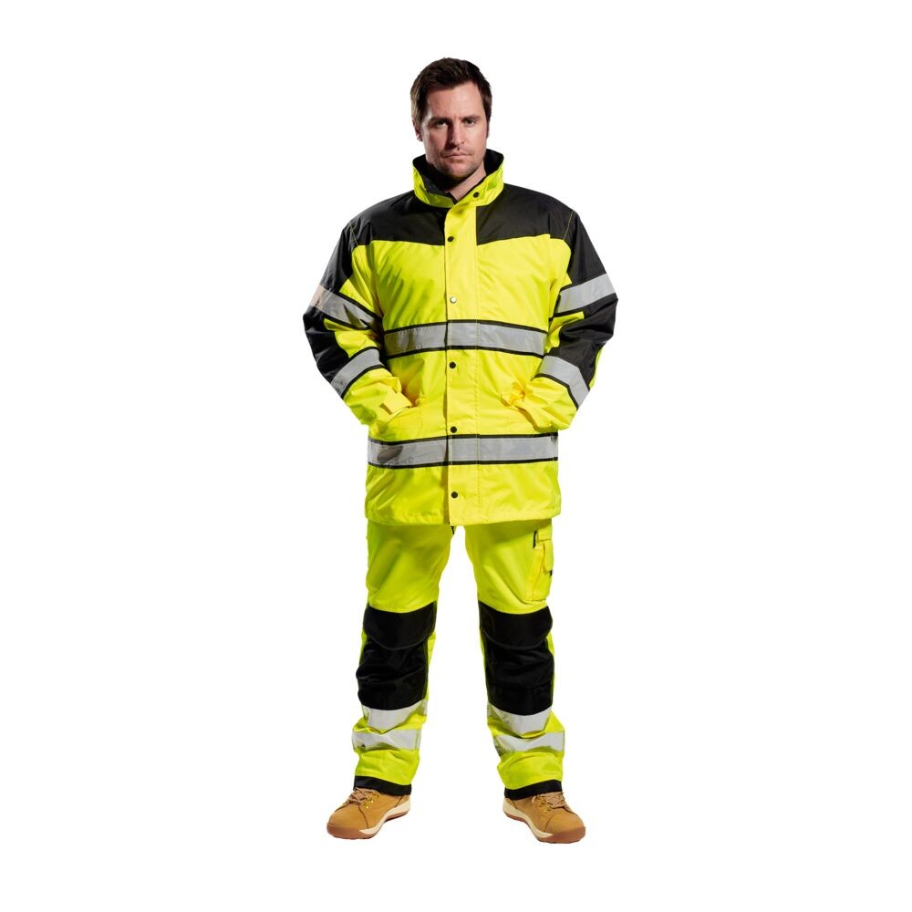 A high-visibility yellow jacket featuring retroreflective tape panels, suitable for a wide range of outdoor and site work applications.