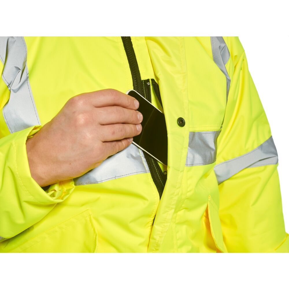 A high-visibility yellow jacket featuring retroreflective tape panels, suitable for a wide range of outdoor and site work applications.