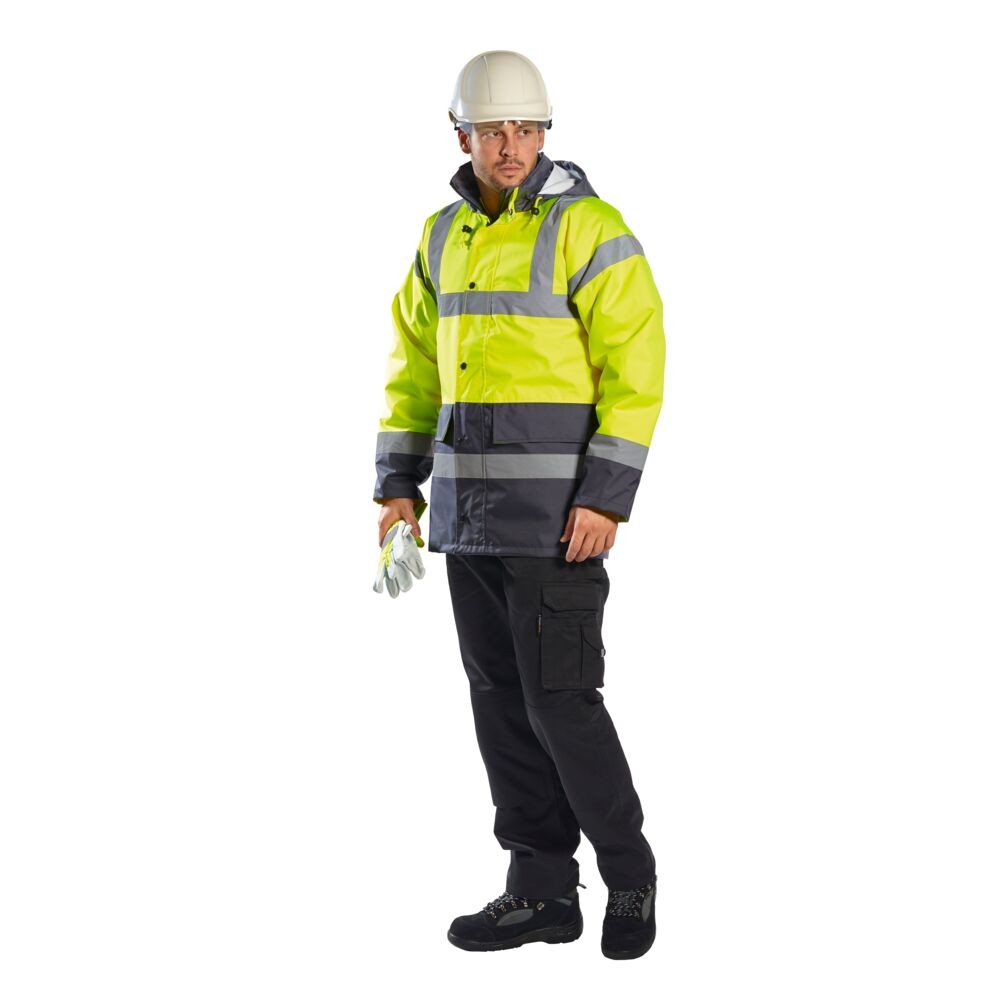 A high-visibility yellow jacket featuring retroreflective tape panels, suitable for a wide range of outdoor and site work applications.