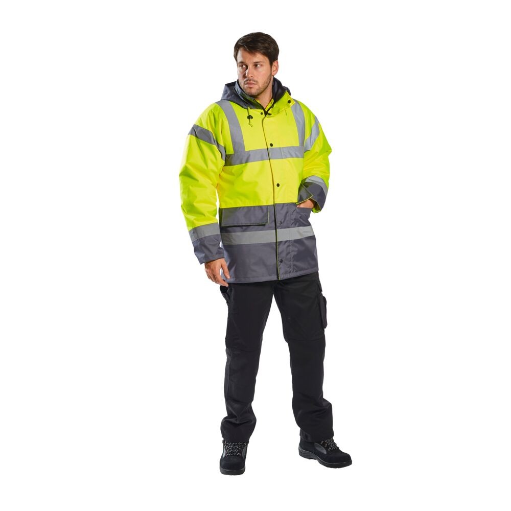 A high-visibility yellow jacket featuring retroreflective tape panels, suitable for a wide range of outdoor and site work applications.
