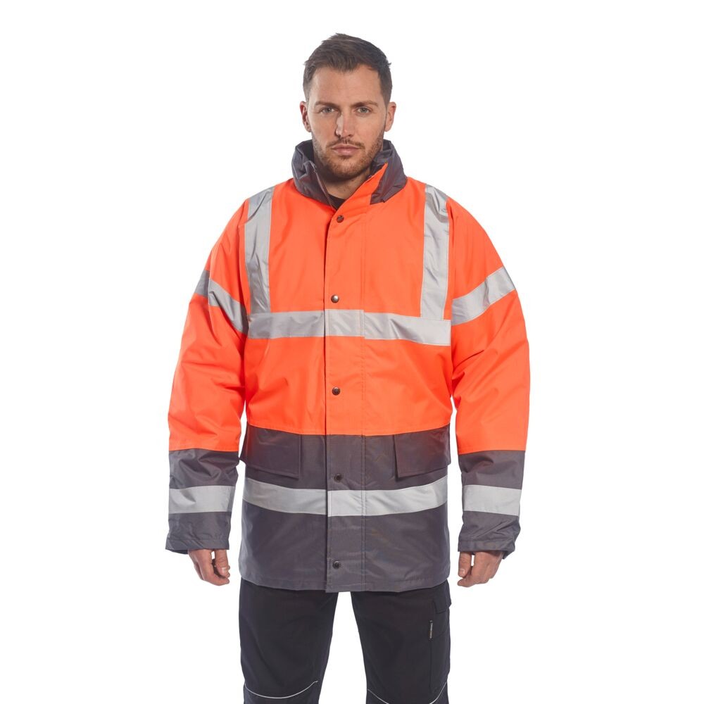 A high-visibility orange jacket featuring retroreflective tape panels, suitable for a wide range of outdoor and site work applications.